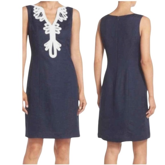 Eliza J Elegant Linen Navy Blue Sheath Dress with White Embroidery Neckline SZ 6 - Picture 1 of 11